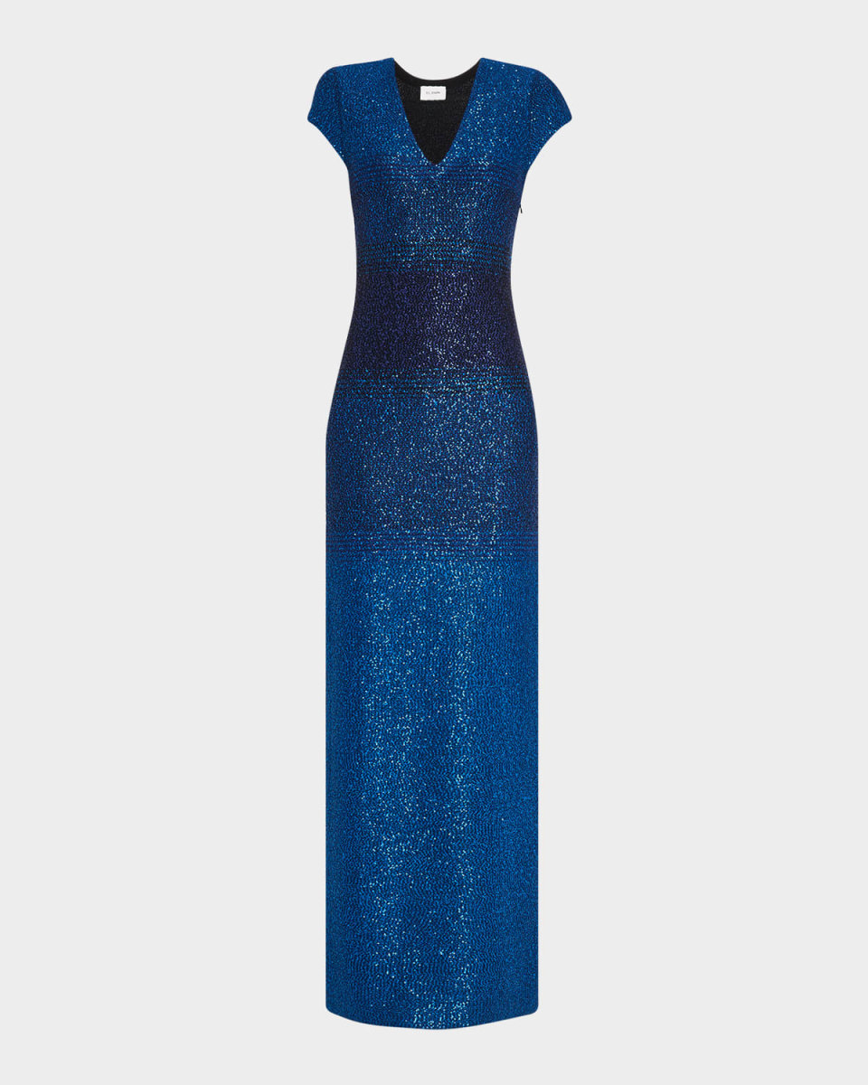 V-Neck Degrade Sequin Knit Short-Sleeve Gown